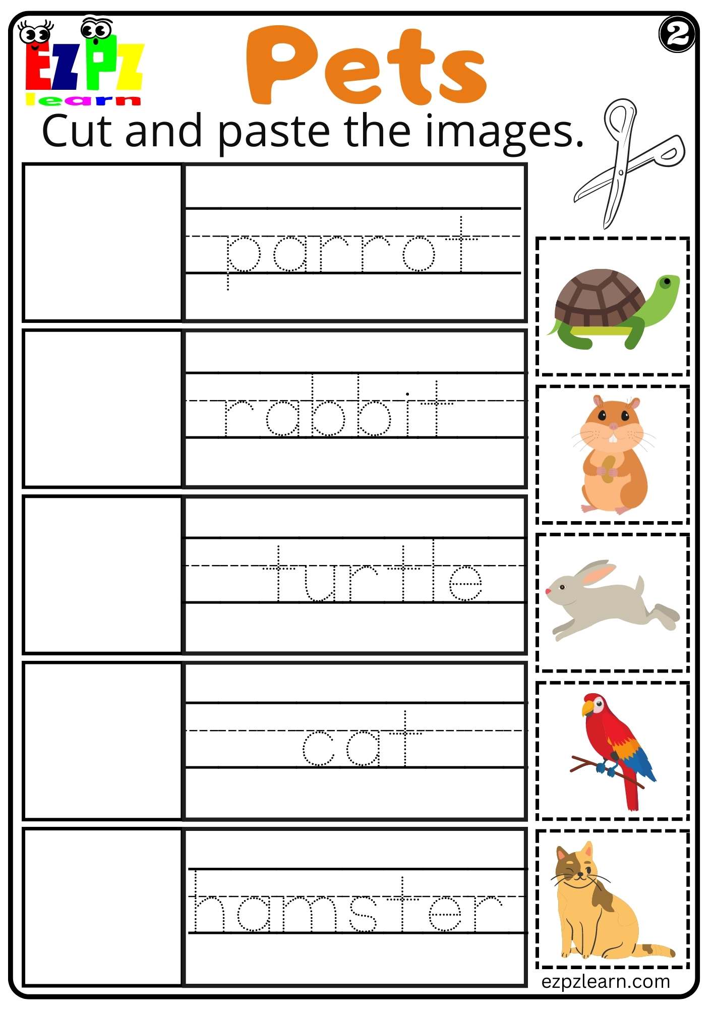 Pets Cut and Paste set 2 Worksheet For Kids and ESL PDF Download